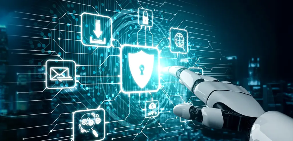 Un robot interagissant avec une plateforme numérique, symbolisant l’automatisation par l’IA de la gestion des tâches et des processus opérationnels dans la vente directe.