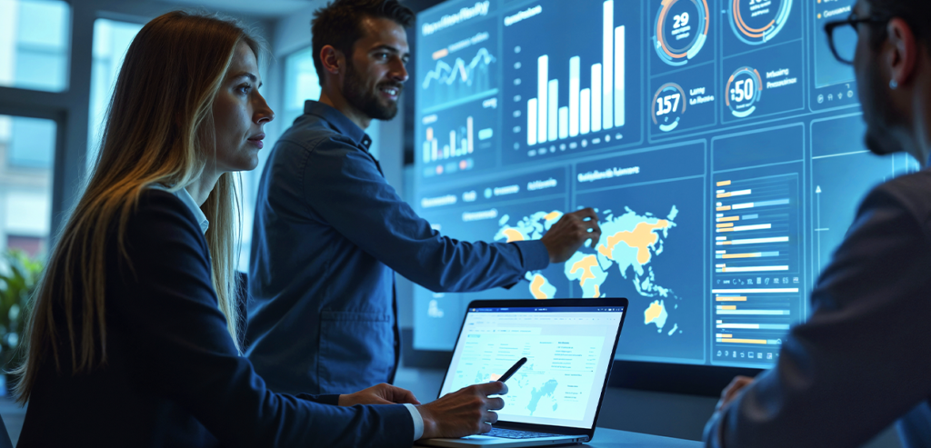 Equipe colaborando em análises de negócios com gráficos digitais e dashboards de sistemas.